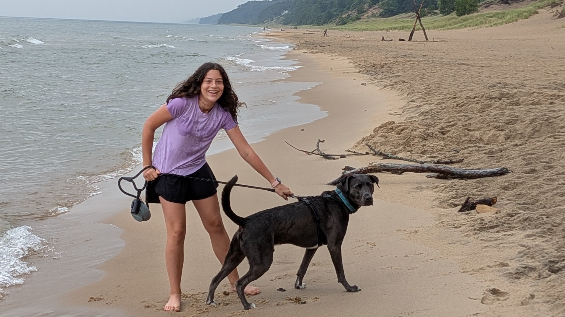 Sarina stands barefoot on the sandy shoreline of Saugatuck Dunes State Park, holding the leash of her dog, Remi. Remi is pulling away from the water which he doesn't enjoy very much. Sarina wears a light purple shirt and dark shorts and stands near the water's edge where small waves meet the beach. Remi, is large black dog wearing a harness and collar. Driftwood rests along the sand, and grassy dunes with tree-covered hills stretch along the shoreline in the background, creating a scenic view of the beach and surrounding natural landscape.